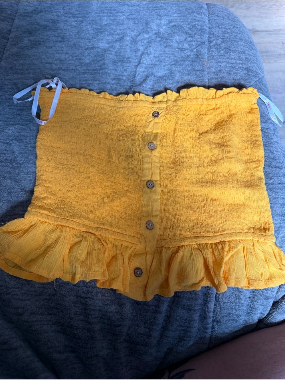 Guess Yellow Ruffle-Trim Button Front Women’s strapless top